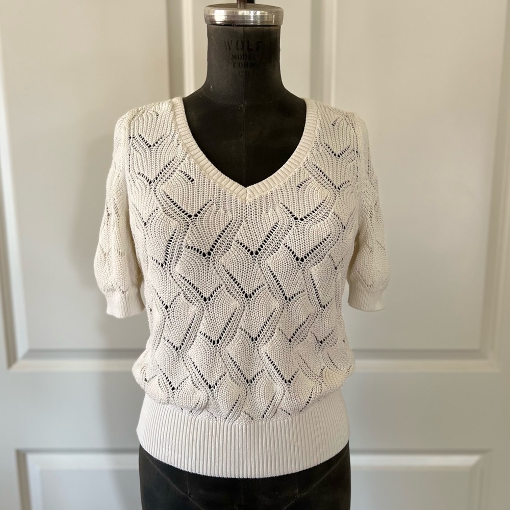 Talbots Petite White Open-Knit V-Neck Short Sleeve Sweater SP